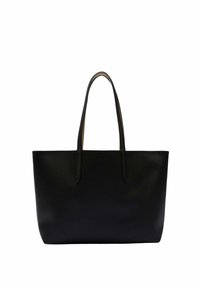 Borsa tote nera in pelle con due manici lunghi, apertura superiore e forma rettangolare strutturata. Texture liscia, design minimalista, senza hardware visibile.