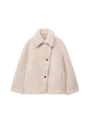 Helle beige Fleecejacke mit strukturiertem Äußeren, Kragen und zwei großen Knöpfen auf der Vorderseite. Verfügt über eine kastige Form und überschnittene Schultern.