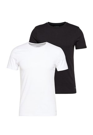 To ensfarvede t-shirts med korte ærmer og rund hals, én hvid foran og én sort bagved, begge uden synlige logoer eller mønstre.