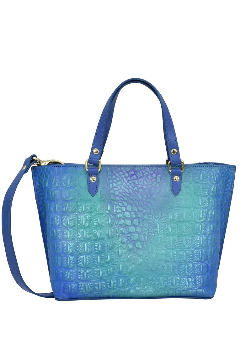 Tasche mit Krokodil-Optik in einem Farbverlauf von Blau, glatte Textur, zwei Obertragehenkel und einem abnehmbaren Schulterriemen. Akzente aus goldfarbenem Metall.