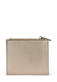 Metallic gold wallet with a smooth texture, featuring a zip closure and rectangular shape. Simple design with stitched edges.