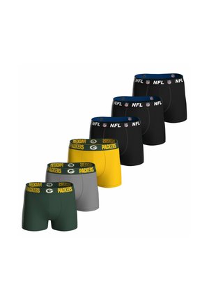 Sześć par męskich bokserek w kolorach zielonym, szarym, żółtym i czarnym, z logo Green Bay Packers i NFL na paskach.