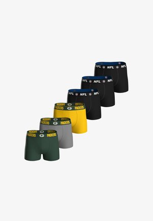 Sześć par męskich bokserek w kolorach zielonym, szarym, żółtym i czarnym, z logo Green Bay Packers i NFL na paskach.