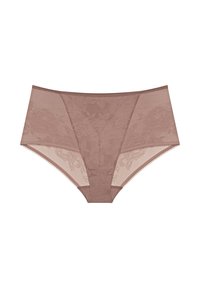 Krajkové kalhotky v jemné hnědé barvě s květinovým vzorem. Mají síťované strany a jemné lemování, které nabízí kombinaci textury a designu. Vysoký pas.
