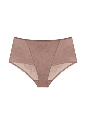 Koronkowe figi w miękkim brązie z kwiatowym wzorem. Posiadają siateczkowe boki i delikatne wykończenie, oferując połączenie tekstury i designu. Wysoki stan.