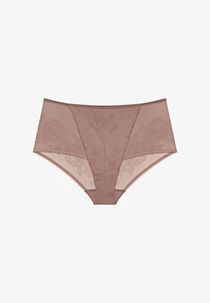 Koronkowe figi w miękkim brązie z kwiatowym wzorem. Posiadają siateczkowe boki i delikatne wykończenie, oferując połączenie tekstury i designu. Wysoki stan.