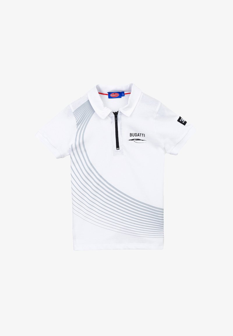 Polo bianco con colletto zip, caratterizzato da linee curve grigie e dal logo "BUGATTI" sul petto. Maniche corte con un accento nero.