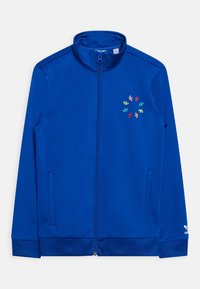 Blue zip-up jacket with high collar, side pockets, and multicolored logo cluster on the left chest and white logo on the right cuff.