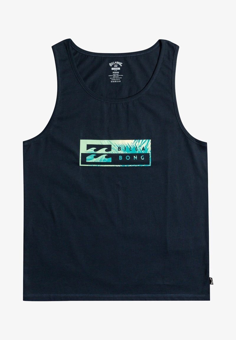Débardeur bleu marine en coton, avec un graphique rectangulaire vert représentant des vagues et le texte "BILLA BONG" en lettres majuscules et grasses.