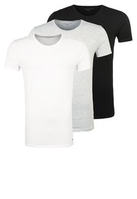 Three short-sleeve t-shirts: white, light gray, and black. Made of soft fabric, featuring crew necklines and a classic fit. No visible patterns.