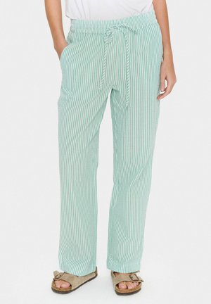 Light green striped pants with an elastic waistband and drawstring, featuring side pockets and a loose fit for comfort.