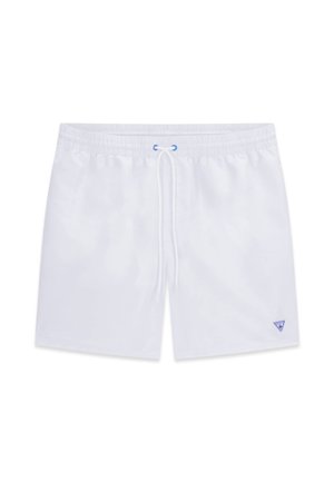 Weiße Herren-Badeshorts mit elastischem Bund, weißem Kordelzug mit blauen Ösen und kleinem blauem dreieckigem Logo am linken Bein.
