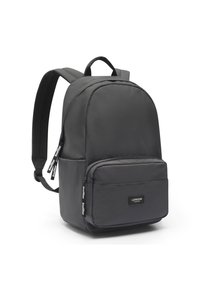 Gray backpack made of durable fabric with a rounded shape, featuring a front zip pocket, padded straps, and a top carry handle.
