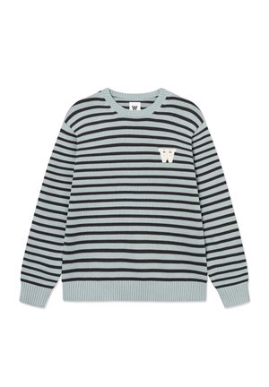 Pull à manches longues rayé horizontalement bleu clair et noir, avec col rond et petit logo blanc "W" sur le côté gauche de la poitrine.