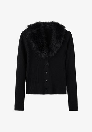 Black ribbed cardigan with long sleeves, featuring a faux fur collar and six button closures down the front. Soft texture.
