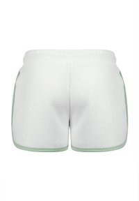 Shorts de sport blancs avec une texture douce, ornés de bordures vert menthe et d'une taille élastique. Design simple avec poches latérales.
