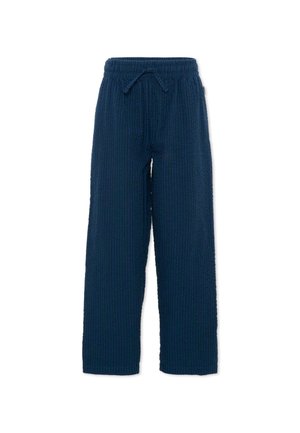 Pantaloni larghi blu navy con tessuto strutturato, vita elasticizzata e coulisse frontale, progettati per un uso casual o da salotto.