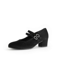Zwarte suède Mary Jane schoenen met een ronde neus, twee gespbanden en een lage blokhak. Glad textuur en minimalistisch ontwerp.
