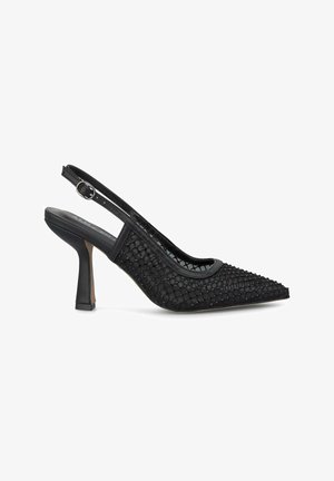 Escarpins à talon slingback noirs avec tige en textile tressé, bout pointu et talon bloc fin. Dispose d'une bride réglable à la cheville pour un ajustement parfait.