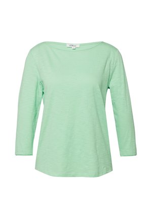 Lichtgroen damesoverhemd met lange mouwen, een ronde hals, een subtiele textuur en een klein merkembleem aan de binnenkant van de kraag.