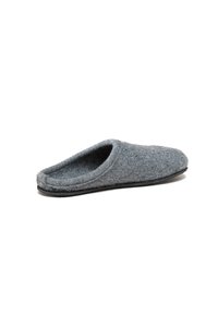 Gray felt slipper with a round toe, open back, and textured upper. Features a durable black rubber sole for traction and support.