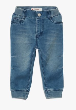 Dziecięce niebieskie dżinsy dresowe z dzianiny, z elastycznym pasem, przednim guzikiem, kieszeniami, prążkowanymi mankietami oraz delikatnym blaknięciem na udach i kolanach.