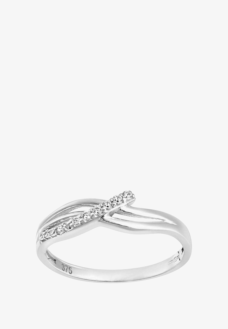 Sidabrinis žiedas su susuktos formos dizainu, kurio viršuje išdėstyta mažų akmenėlių eile. Visoje žiedo paviršiuje lygus apdaila ir poliruota tekstūra.