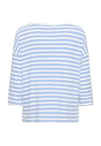 Chemise à manches longues à rayures horizontales bleu clair et blanc avec un large décolleté, vue de dos sur un fond blanc.