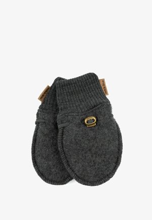 Pelēkas vilnas cimdi ar ribotām aprocēm, izcili akcentēti ar misiņa detaļām un šuvēm. Mīksta, fakturēta auduma.