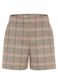 Shorts à carreaux marron avec un motif pied-de-poule, présentant des accents roses et une texture lisse. Design ajusté avec une coupe droite.