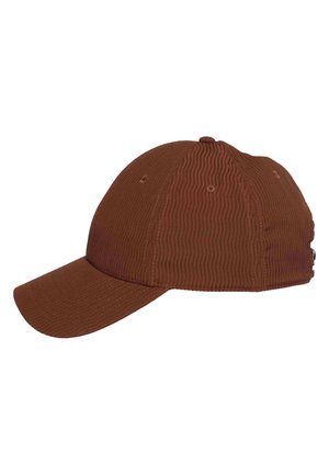 Brown six-panel baseball cap with stitched eyelets and a curved brim, shown from the side on a white background.