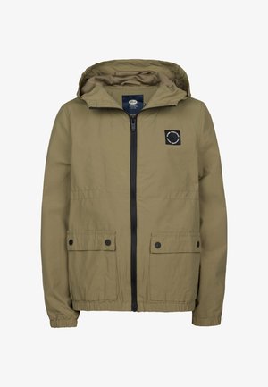 Chaqueta con capucha de color marrón claro con cremallera negra, dos bolsillos frontales con botones, puños elásticos y un pequeño logo negro circular en el pecho.