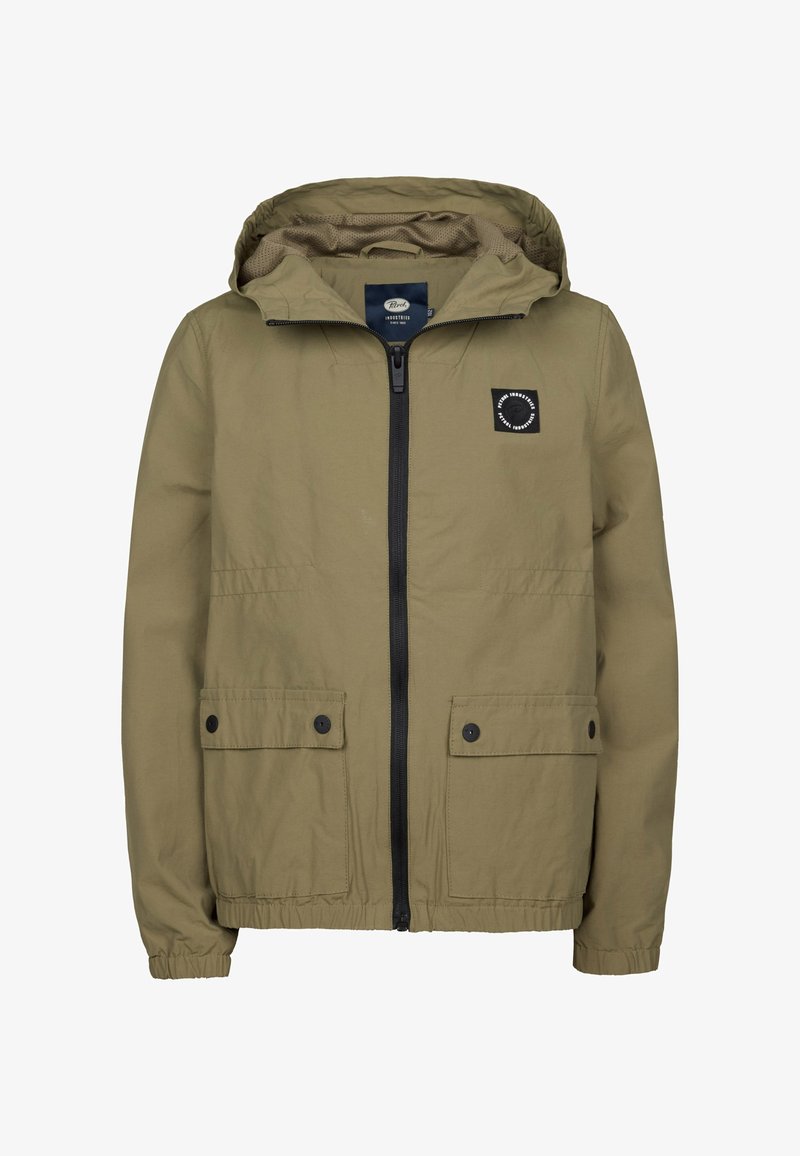 Chaqueta con capucha de color marrón claro con cremallera negra, dos bolsillos frontales con botones, puños elásticos y un pequeño logo negro circular en el pecho.