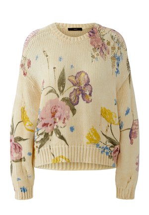 Cremefarbener Strickpullover mit gerippten Bündchen und Saum, mit einem floralen Muster in Pink, Gelb, Lila und Grün sowie absichtlich eingearbeiteten Löchern.