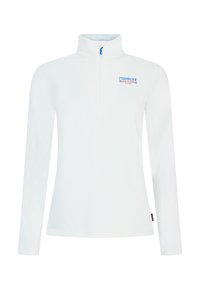Hvid fleece pullover med høj krave, halv-lynlås fortil og blåt logo på brystet. Har lange ærmer og en glat tekstur.