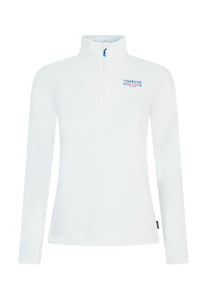 White fleece pullover with a high collar, half-zip front, and blue logo on the chest. Features long sleeves and a smooth texture.