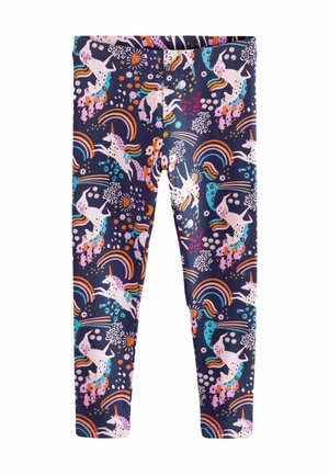 Marineblaue Leggings mit einem bunten Einhorn- und Regenbogenmuster. Hergestellt aus weichem, dehnbarem Material, mit einer glatten Textur und passgenauem Design.