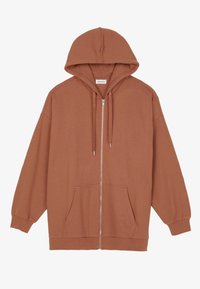 Felpa marrone con zip, dotata di cappuccio regolabile e due tasche frontali. Realizzata in tessuto morbido, presenta maniche ampie e una vestibilità comoda.