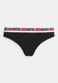 Bas de bikini noir avec une ceinture en logo Diesel blanc et rouge. Tissu lisse, design minimaliste et taille basse.