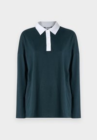 Dlhý rukáv polo tričko v tmavo zelenomodrej farbe, s bielym golierom a zapínaním na gombíky. Hladká látka s uvoľneným strihom a spustenými plecami.