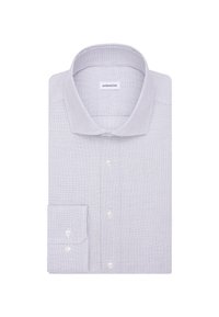 Camicia a quadri in blu chiaro e bianco. Presenta un colletto button-down, maniche lunghe e un polsino con un solo bottone.