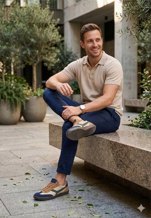 Hombre con polo beige y pantalones azules sentado con las piernas cruzadas en un banco de piedra al aire libre, sonriendo, con plantas y fondo de concreto.