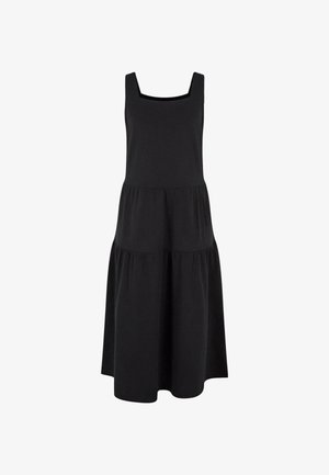 Čierne bezrukávové šaty so štvorcovým výstrihom, s vrstveným dizajnom a jemnou látkou. Majú voľný strih a dĺžku po polovicu lýtok.