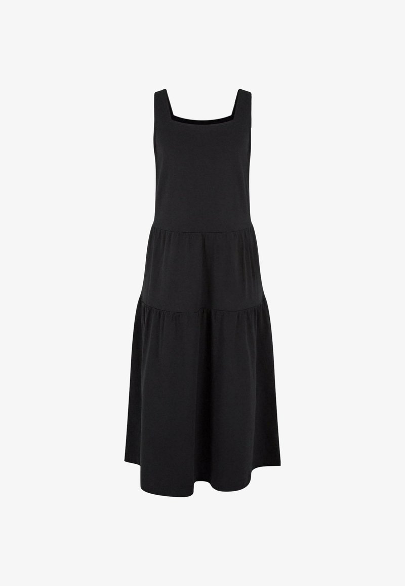 Schwarzes ärmelloses Kleid mit quadratischem Ausschnitt, gestuftem Design und weichem Stoff. Hat eine lockere Passform und eine Länge bis zur Mitte der Waden.