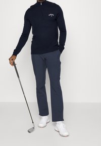 Pull marin à col zippé avec logo, associé à un pantalon bleu marine et des chaussures de golf blanches, tenant un club de golf. Tissu lisse et coupe ajustée.