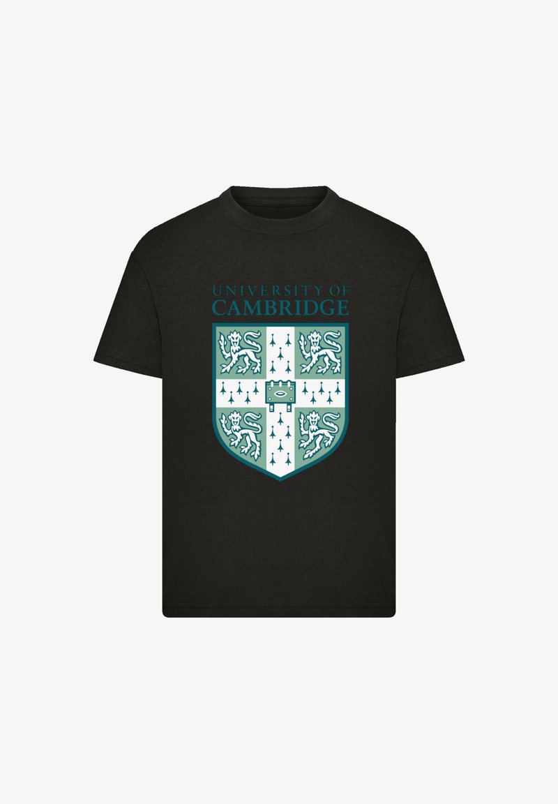 Black cotton t-shirt featuring a turquoise and white University of Cambridge crest with lions, arrows, and a shield design.