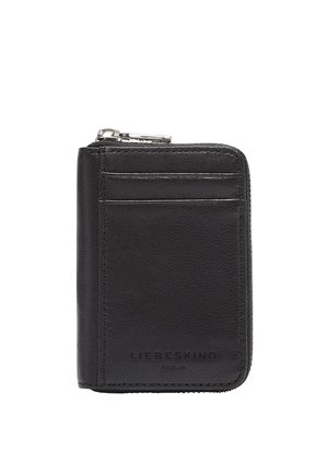 Portafoglio in pelle nera con zip, dotato di due slot per carte esterni e logo "Liebeskind Berlin" in rilievo.