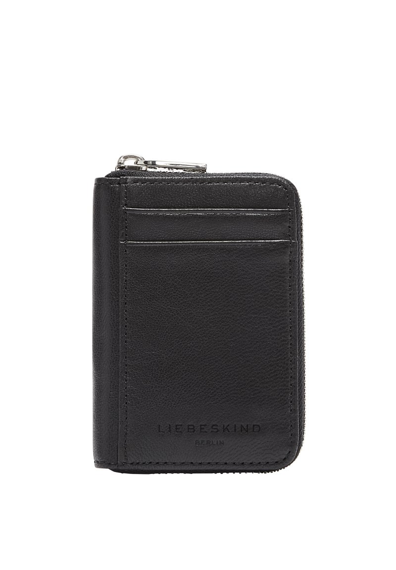 Portafoglio in pelle nera con zip, dotato di due slot per carte esterni e logo "Liebeskind Berlin" in rilievo.