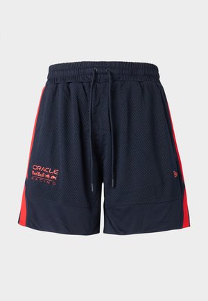 Navy blue mesh shorts with red side panels. Features an elastic waistband and drawstring. Includes logo embroidery on the left thigh.