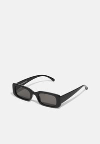 Black rectangular sunglasses with a glossy finish. Medium-width temples and tinted lenses. Minimalist design with no visible accents or patterns.